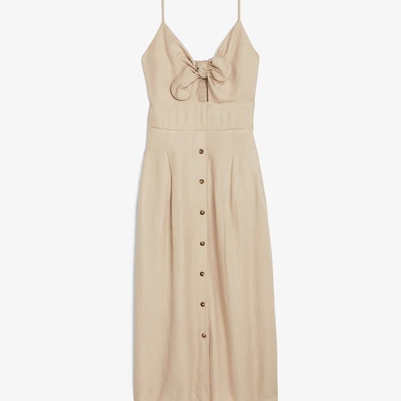 Express | NWT Linen-Blend Button Front Tie Midi Dress - Picture 14 of 16